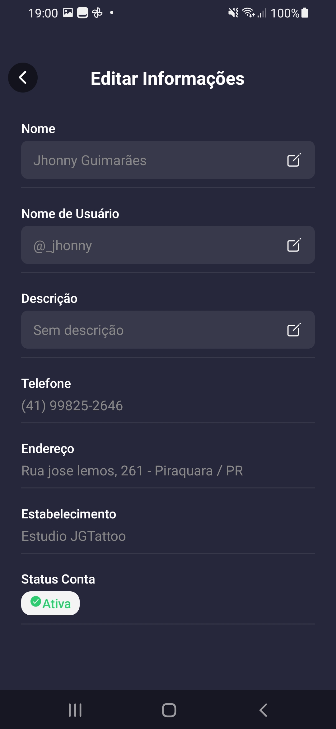 Tela de edição do perfil